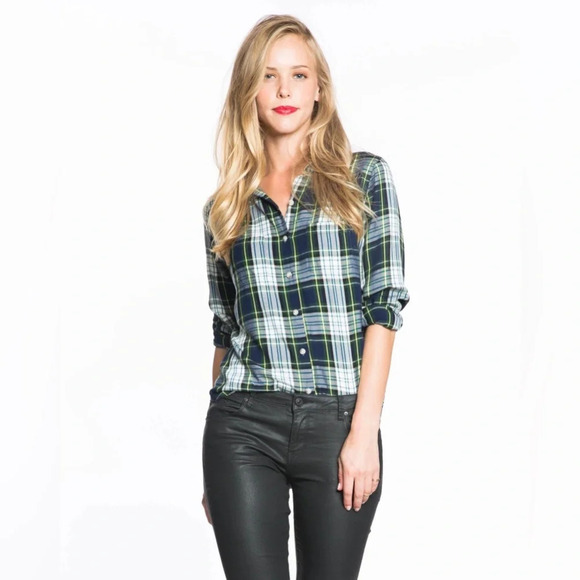 Marine Layer The Dahlia Plaid Shirt Green Navy White Yellow Smal - Picture 12 of 12